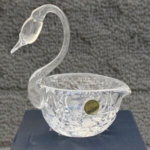 Bohemia Crystal Swan Dish Hand Cut 24% Lead Czech Republic Labutka w/ Box Vtg